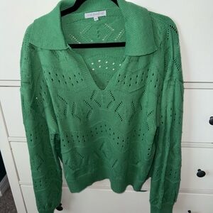 Miss Sparkling Green V-Neck Open-Knit Collared Sweater